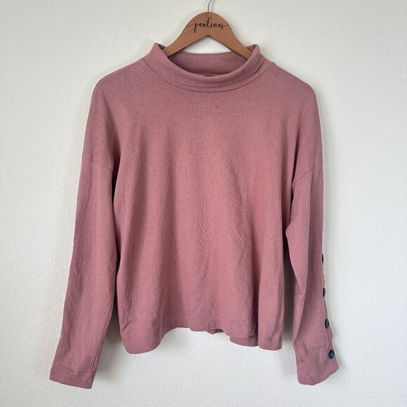 Madewell Top Womens Small Faded Mauve Organic Button Sleeve Turtleneck Shirt S - Picture 1 of 7